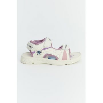 Sandale de piele ecologica cu velcro si imprimeu Stitch - Alb fildes/Lila