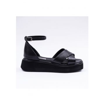 Sandale din piele cu bareta pe picior - Negru - Negru