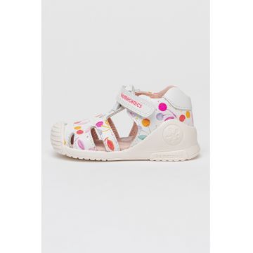 Sandale din piele cu inchidere velcro si model - Alb/Roz