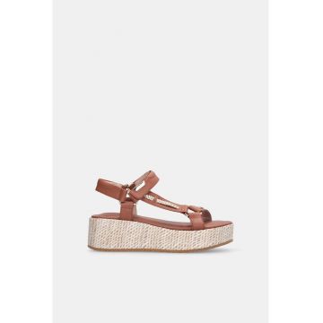 Sandale din piele cu platforma si velcro - Alb/Maro cognac