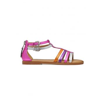 Sandale din piele ecologica cu barete multiple - Violet/Roz/Argintiu