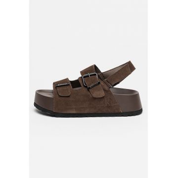 Sandale slingback de piele intoarsa - Maro pamantiu