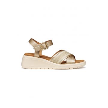 Sandale wedge din piele ecologica cu barete incrucisate - Auriu/Bej