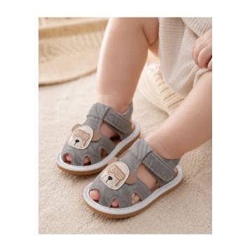 Sandalute cu piuitoare - Happy Cute Bear - Model AL 35426 - Piele ecologica - Baieti - Gri -