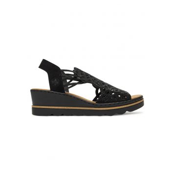 Sandale dama  cu platforma - strasuri - negru - textil -
