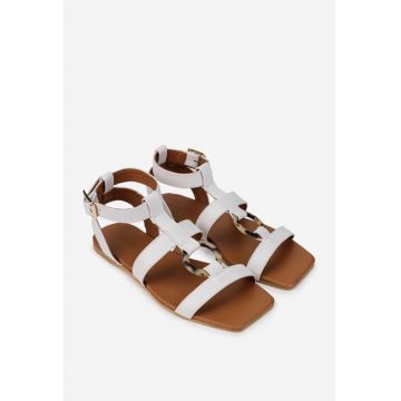 Sandale dama din piele naturala alba cu ornament