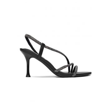 Sandale dama  negru - material sintetic - toc stiletto - decoratiuni zirconii