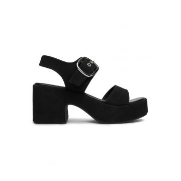 Sandale dama  negru - material textil - toc stabil cu platforma - inchidere cu catarama