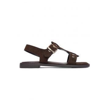 Sandale dama -  piele intoarsa - catarama - maro