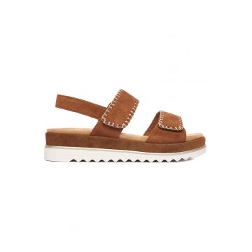 Sandale dama  piele intoarsa - inchidere velcro - maro - material natural -