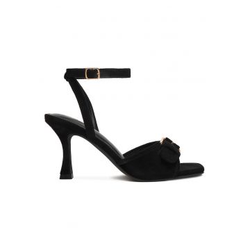 Sandale dama  toc stiletto - catarama decorativa - negru - textil -