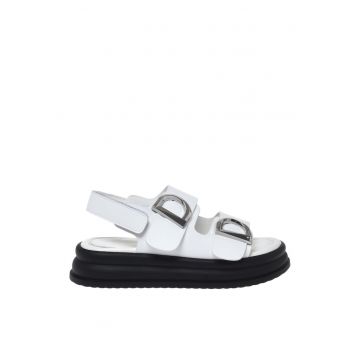 Sandale de piele cu platforma si velcro - Alb