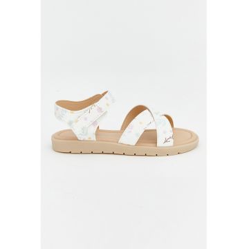 Sandale din piele ecologica cu imprimeu floral - Alb/Roz pastel/Albastru glaciar