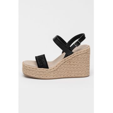 Sandale-espadrile wedge de piele si material textil - Negru stins