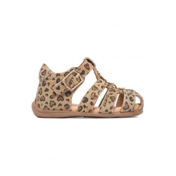 Sandale fete  piele naturala - animal print - maro - sistem inchidere catarama
