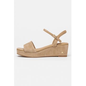 Sandale wedge de piele intoarsa - Bej inchis
