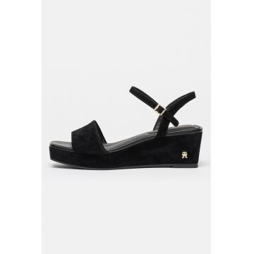 Sandale wedge de piele intoarsa - Negru stins