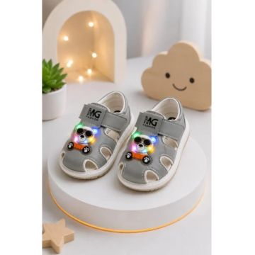 Sandalute gri cu luminite pentru super bebelusi - Ursulet - Gri