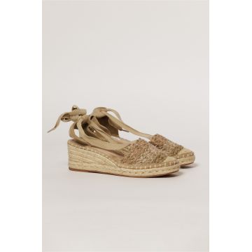 Sandale casual bej cu insertii kaki si talpa din iuta impletita