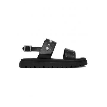 Sandale dama  piele naturala - negru - inchidere cu catarama - decor cu strasuri si perle -