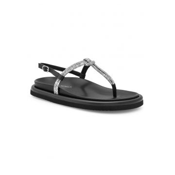 Sandale dama -  piele naturala - negru - toc plat - inchidere cu catarama