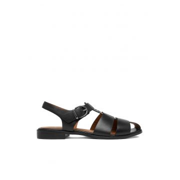 Sandale dama -  piele naturala - negru - varf rotund - catarama -