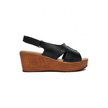 Sandale dama  piele naturala - toc compensat - velcro - Negru