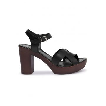 Sandale dama  piele naturala - toc gros - Negru