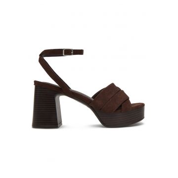Sandale dama -  toc gros - catarama reglabila - maro - textil - Maro