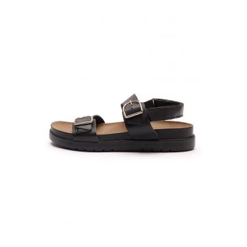 Sandale de piele cu talpa plata si velcro Grace - Negru