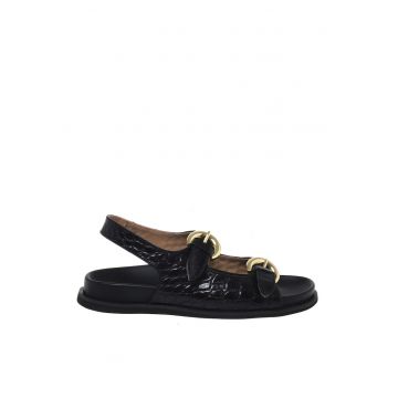 Sandale de piele cu aspect de piele de crocodil cu catarame - Negru