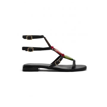 Sandale din piele cu margele multicolore - Negru