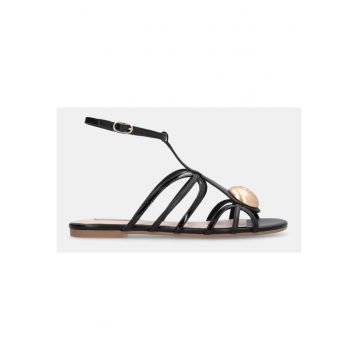 Sandale din piele cu talpa plata si barete multiple - Negru
