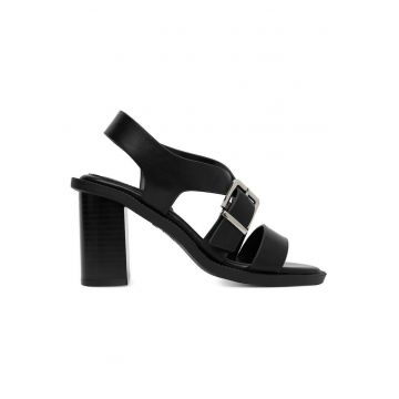 Sandale dama  elegante - piele ecologica - negru - cu toc stabil