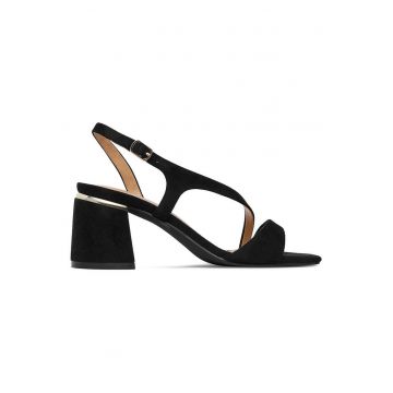 Sandale dama -  negru - material textil - toc stabil - inchidere cu catarama - Negru