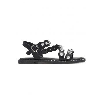 Sandale dama -  negru - sintetic - cu catarama - cu pietre decorative -