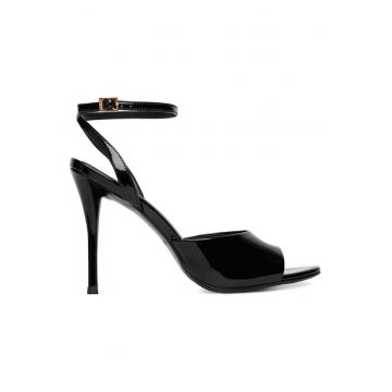 Sandale dama  piele lacuita - toc acoperit - negru - material natural -