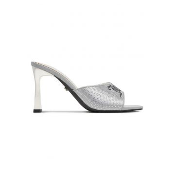 Sandale dama -  toc stiletto - ornamente zirconii - argintiu - textil