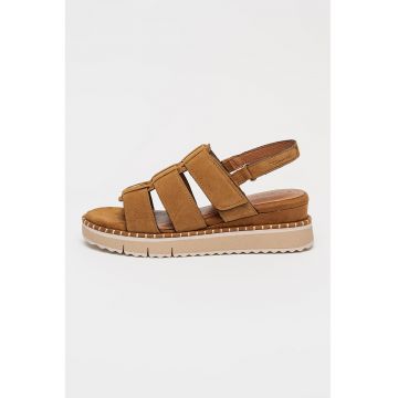 Sandale wedge de piele intoarsa cu velcro - Maro camel