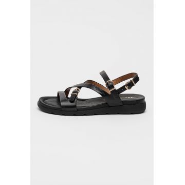 Sandale wedge din piele cu catarame - Negru