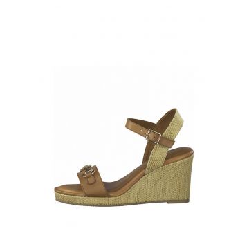 Sandale wedge de piele si material textil