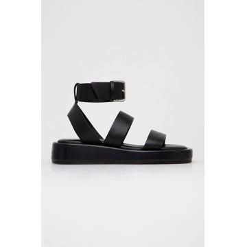 BOSS sandale de piele femei, culoarea negru, cu platforma