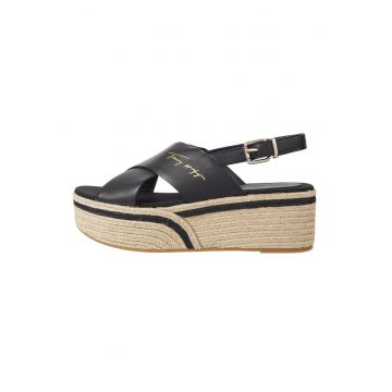 Sandale wedge tip espadrile de piele cu logo metalizat